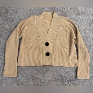 Sweater Cardigan Women size S/M Tan Knit Cropped Long Sleeve Vneck Acrylic Top